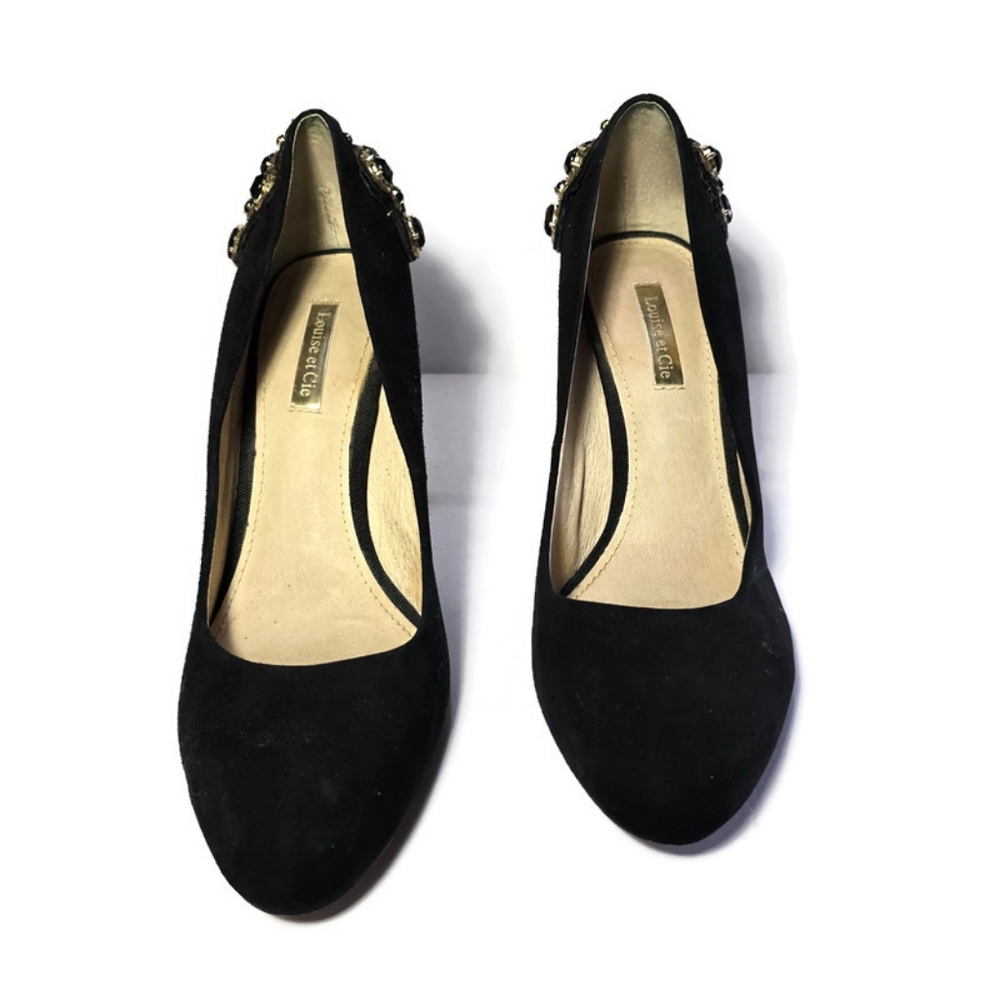 Louise et Cie Black Crystal Heels Stiletto Pumps Round Toe Sz 8.5 - Picture 3 of 16